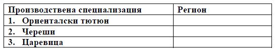 Срещу номера от 1 до 3 вкл поставете дадените региони според производствената им специализация
Региони Югозападен Североизточен Приморски Източен Тракийско-Родопски

Източен Тракийско  Родопски регион Югозападен регион Североизточен Приморски регион