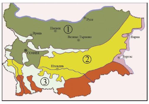 Имената на кои климатични области в България са обозначени с цифри на картограмата